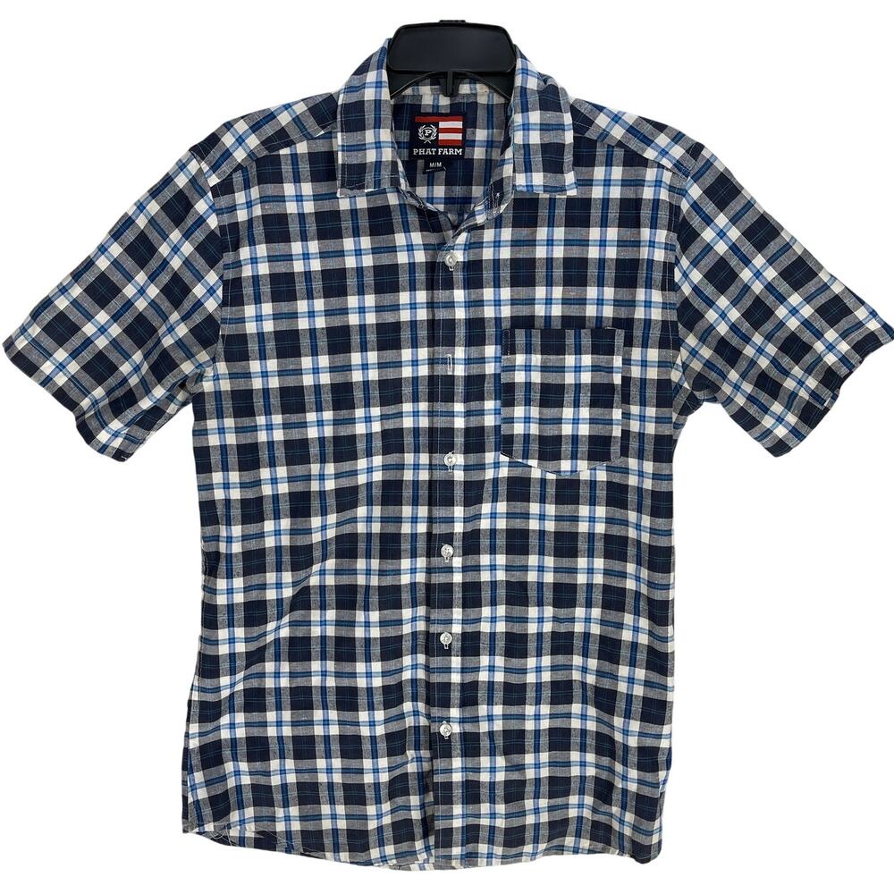 Phat Farm Men Shirt Size M Blue Plaid Button Up Short Sleeves MISSING BUTTON